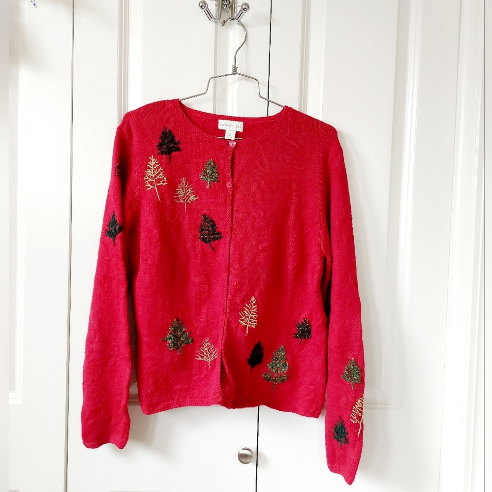 Oh Christmas Tree Beaded Cardigan Sweater‎ size Medium Northern Isles